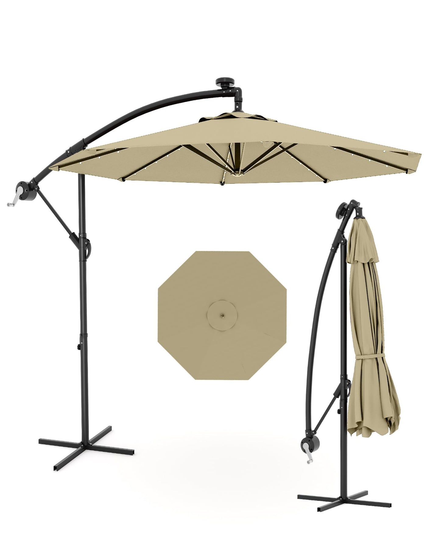 JiffPom 10FT Cantilever Patio Umbrella with Solar LED Lights - Offset Outdoor Umbrella - Easy Lift & Tilt - UV Protection - Fade Resistant - Ideal for Deck, Pool, Garden