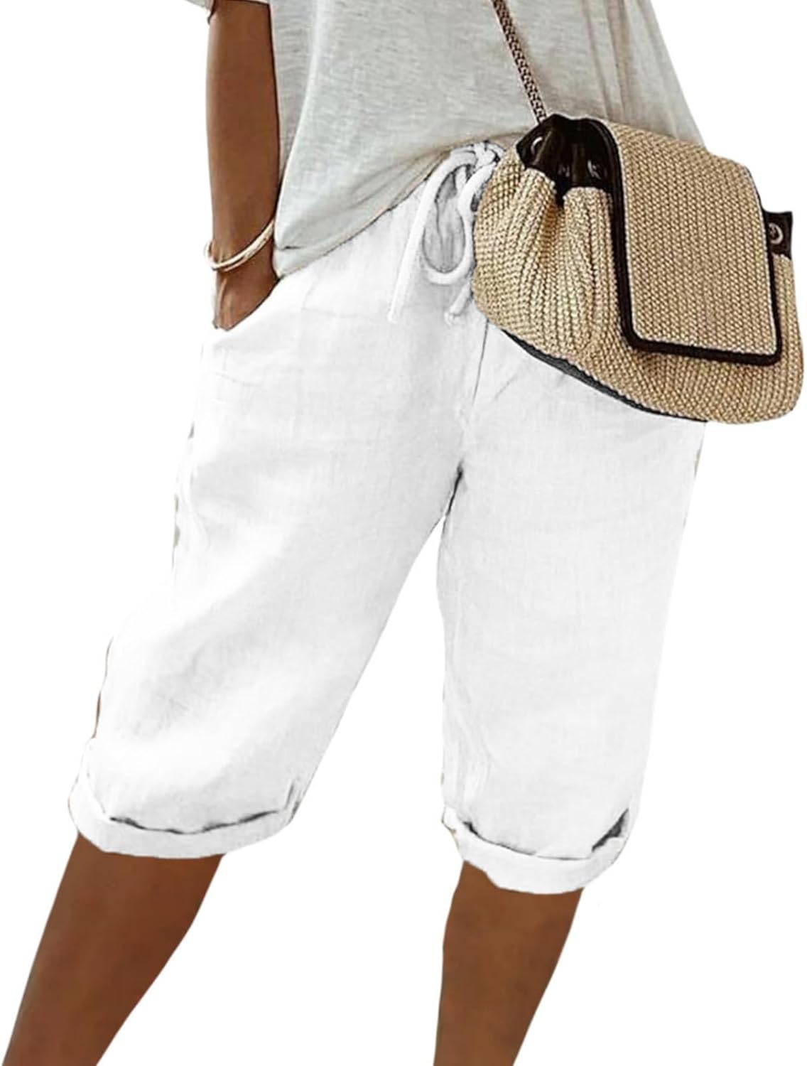 FONDBERYL Womens Cotton Linen Shorts Knee Length Drawstring Elastic Waist Summer Casual Gym Going Out Shorts with Pockets