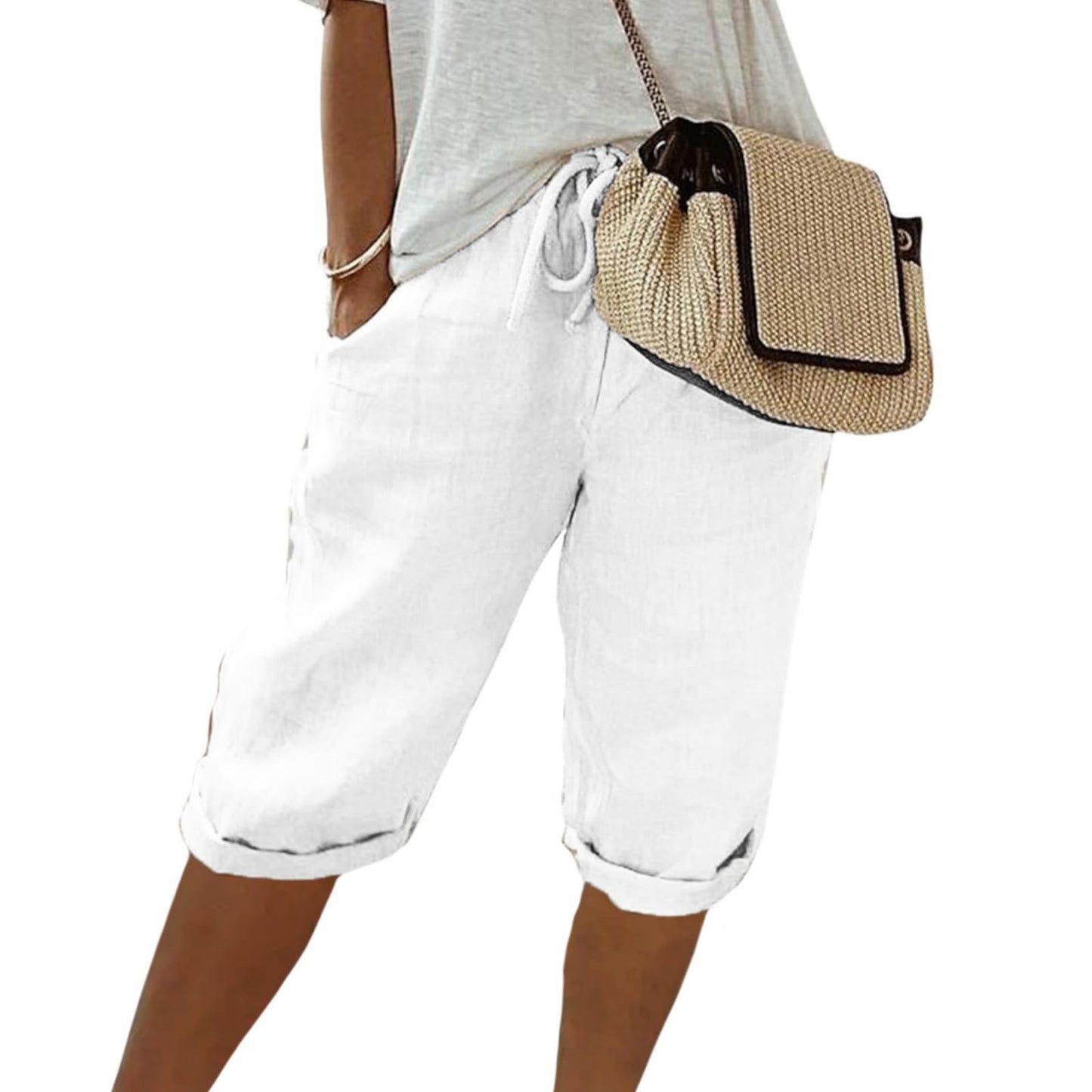 FONDBERYL Womens Cotton Linen Shorts Knee Length Drawstring Elastic Waist Summer Casual Gym Going Out Shorts with Pockets