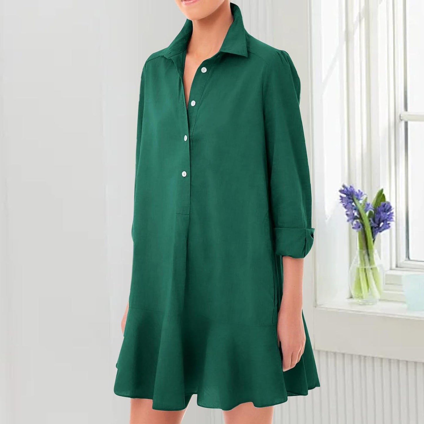 JiffPom Tunic Shirt Dress for Women, Casual Cotton Linen Button Up Long Sleeve Mini Shift Dress with Ruffle Hem and Pockets