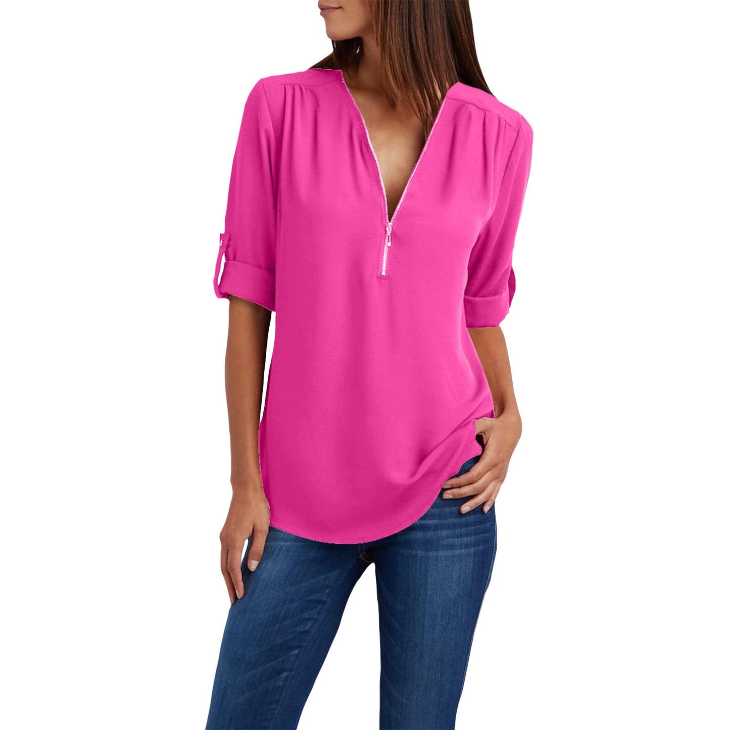 WAZZAP Women‘s Chiffon Tops, Zip Up V Neck Long Sleeve Shirt Roll Up Sleeve Loose Fit Tunic Tops Casual Trendy Chiffon Blouse