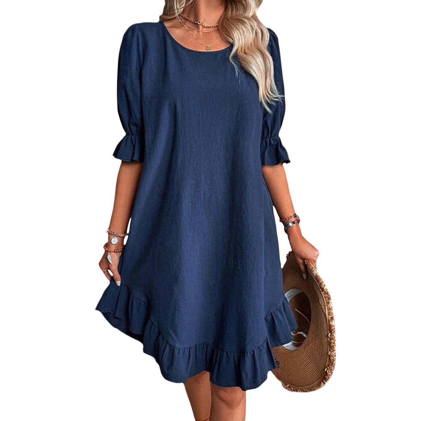 Reigee Cotton Dresses for Women Casual Summer Vacation Midi Ruffled Skirt Crewneck Falbala Solid Basic Dress