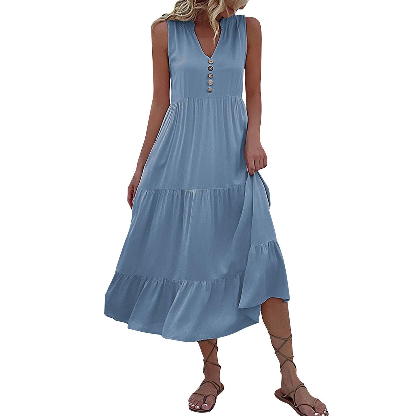 FONDBERYL Sleeveless Midi Dress for Women, V Neck Tank Dress with Tiered Ruffle Hem Flowy A Line Casual Spring Summer Dresses