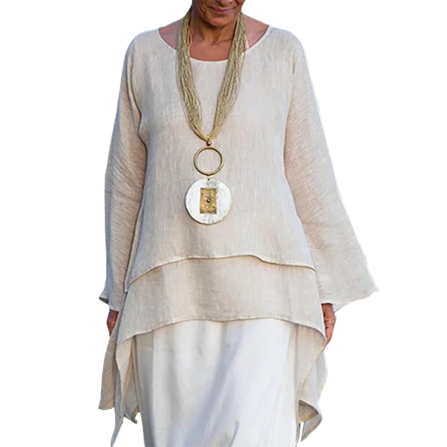 Befox Asymmetrical Hem Tops for Women Linen Blouse Long Sleeve Crew Neck Flowy Tunic Shirt Irregular Hem Plus Size Tops