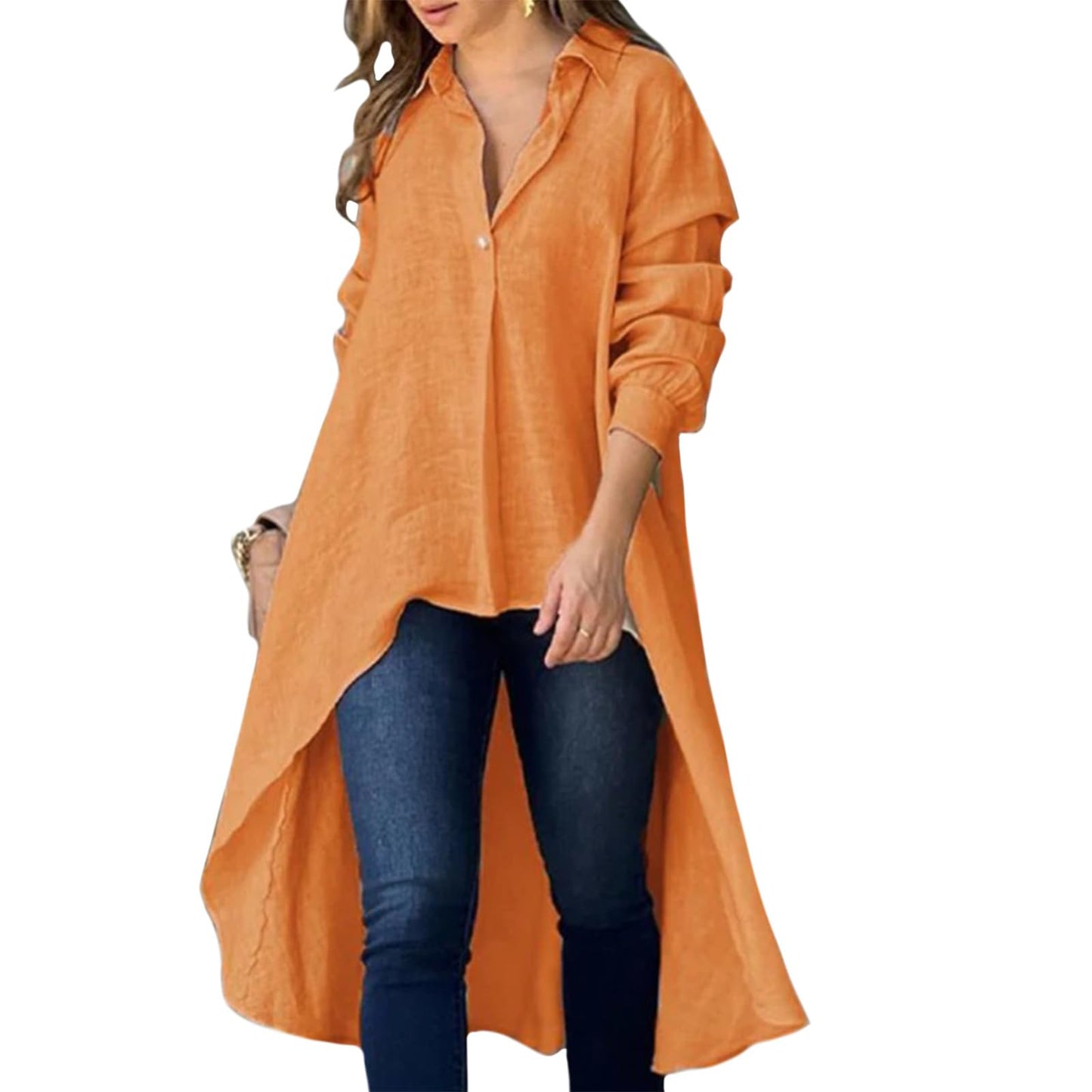 GYMBULL Long Button Down Shirt for Women Oversized Lightweight Irregular Hem Tunic Top Collared Loose Fit Casual Blouse