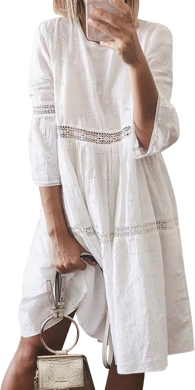 Bejirog Plus Size Linen Dress for Women, Eyelet Lace 3/4 Sleeve Crew Neck Casual Summer Long Flowy Loose Midi Linen Dress