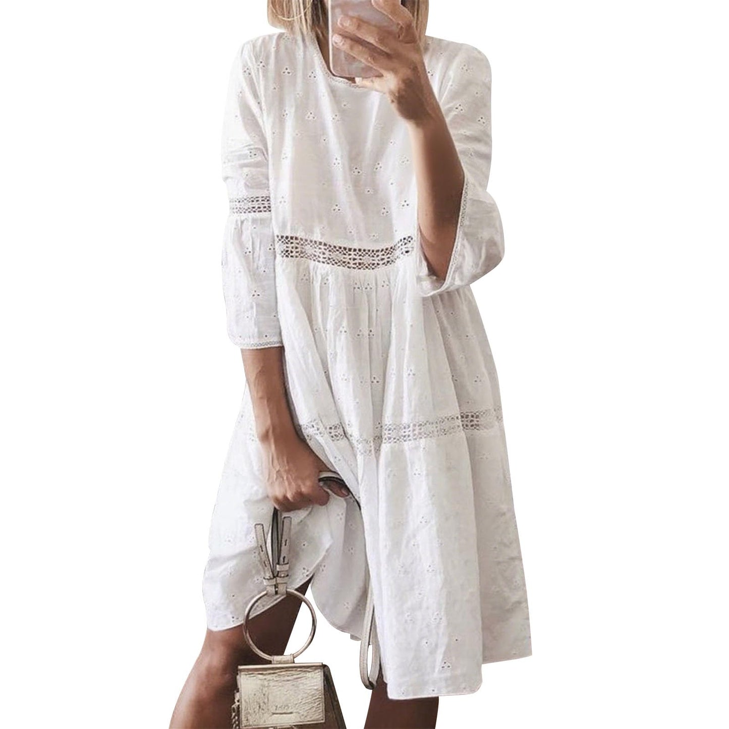 Bejirog Plus Size Linen Dress for Women, Eyelet Lace 3/4 Sleeve Crew Neck Casual Summer Long Flowy Loose Midi Linen Dress