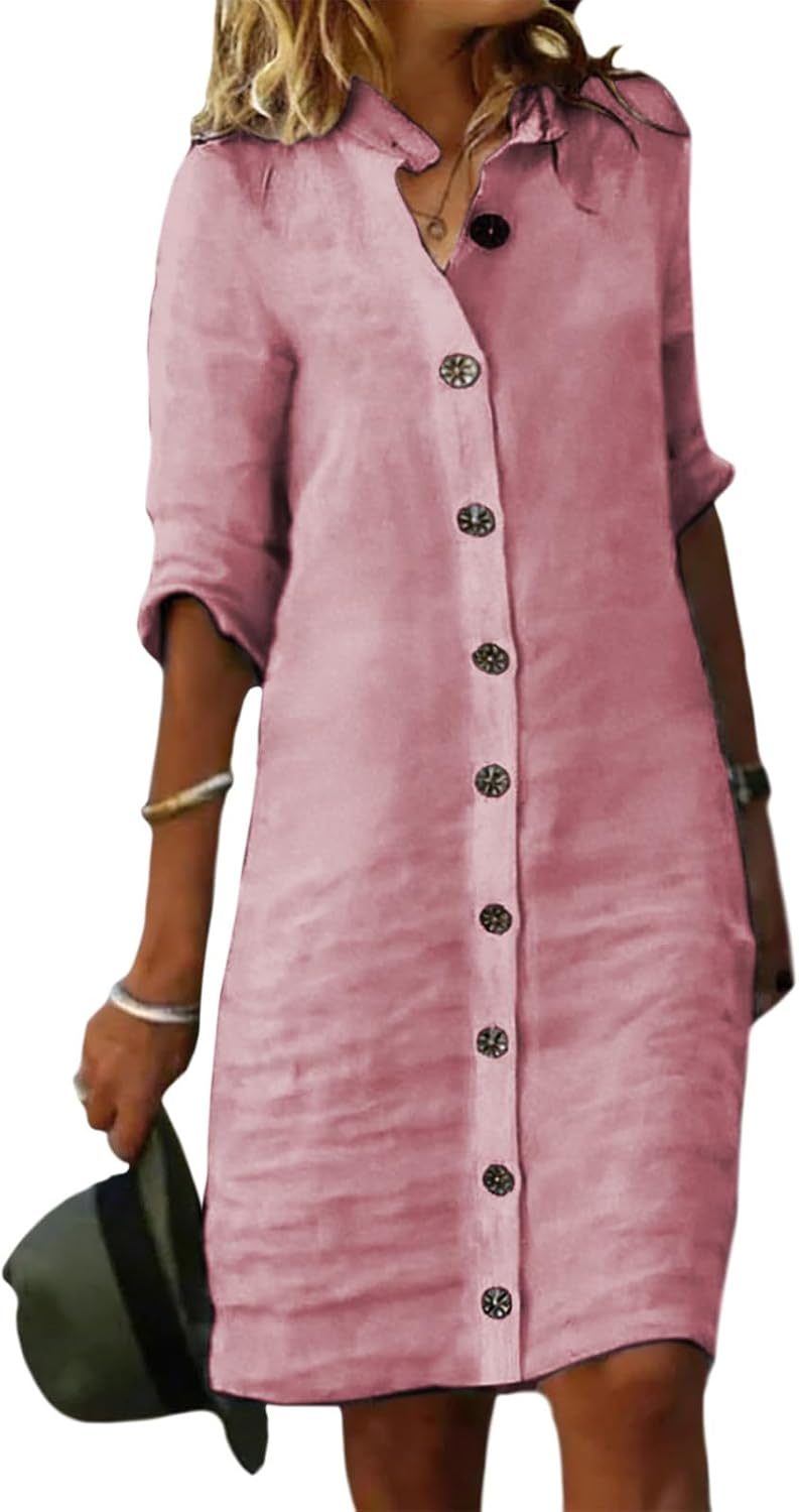 GYMTSL Linen Button Down Midi Shirt Dress for Women, Elbow Sleeve Knee Length Loose Casual Spring Summer Linen Button Dress