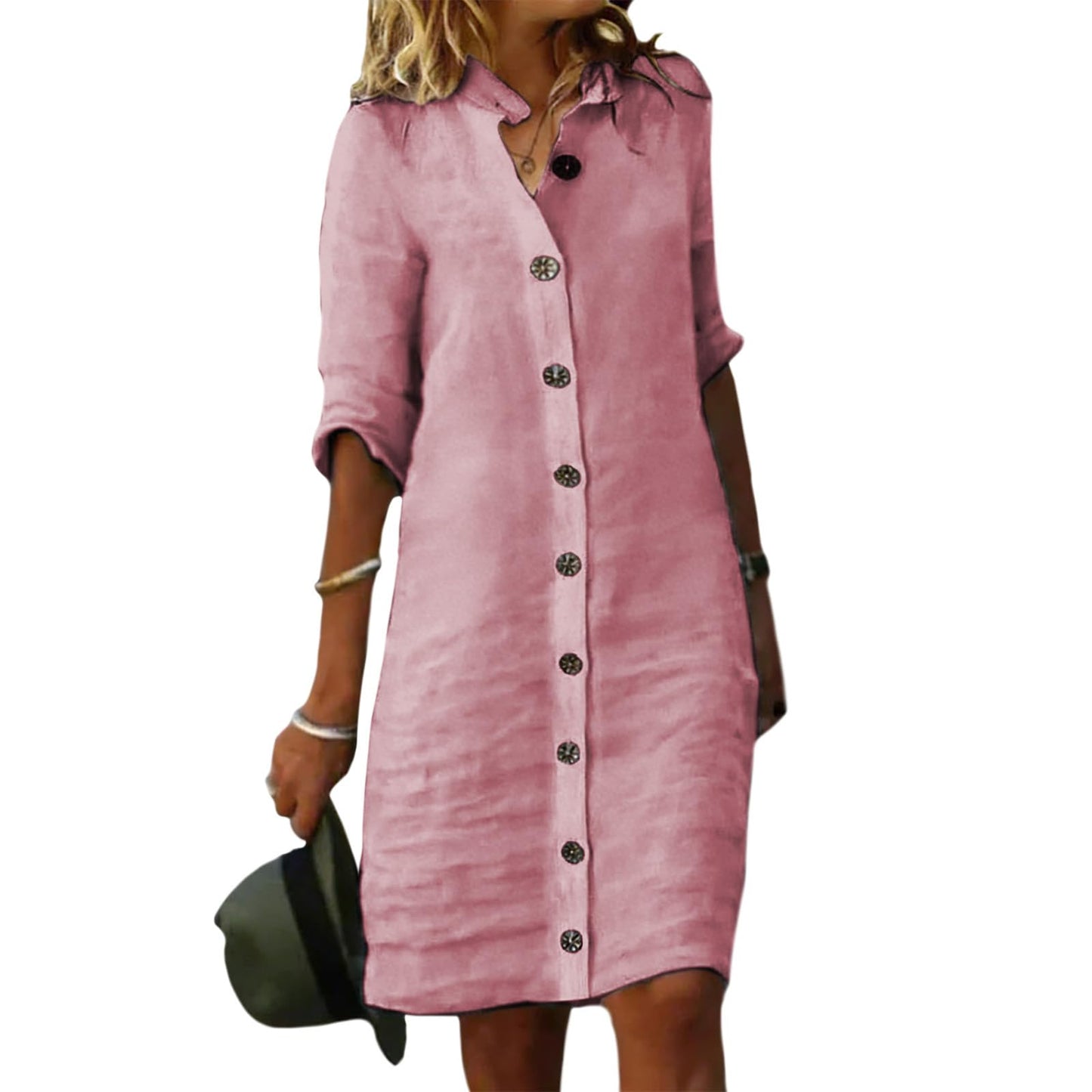 GYMTSL Linen Button Down Midi Shirt Dress for Women, Elbow Sleeve Knee Length Loose Casual Spring Summer Linen Button Dress