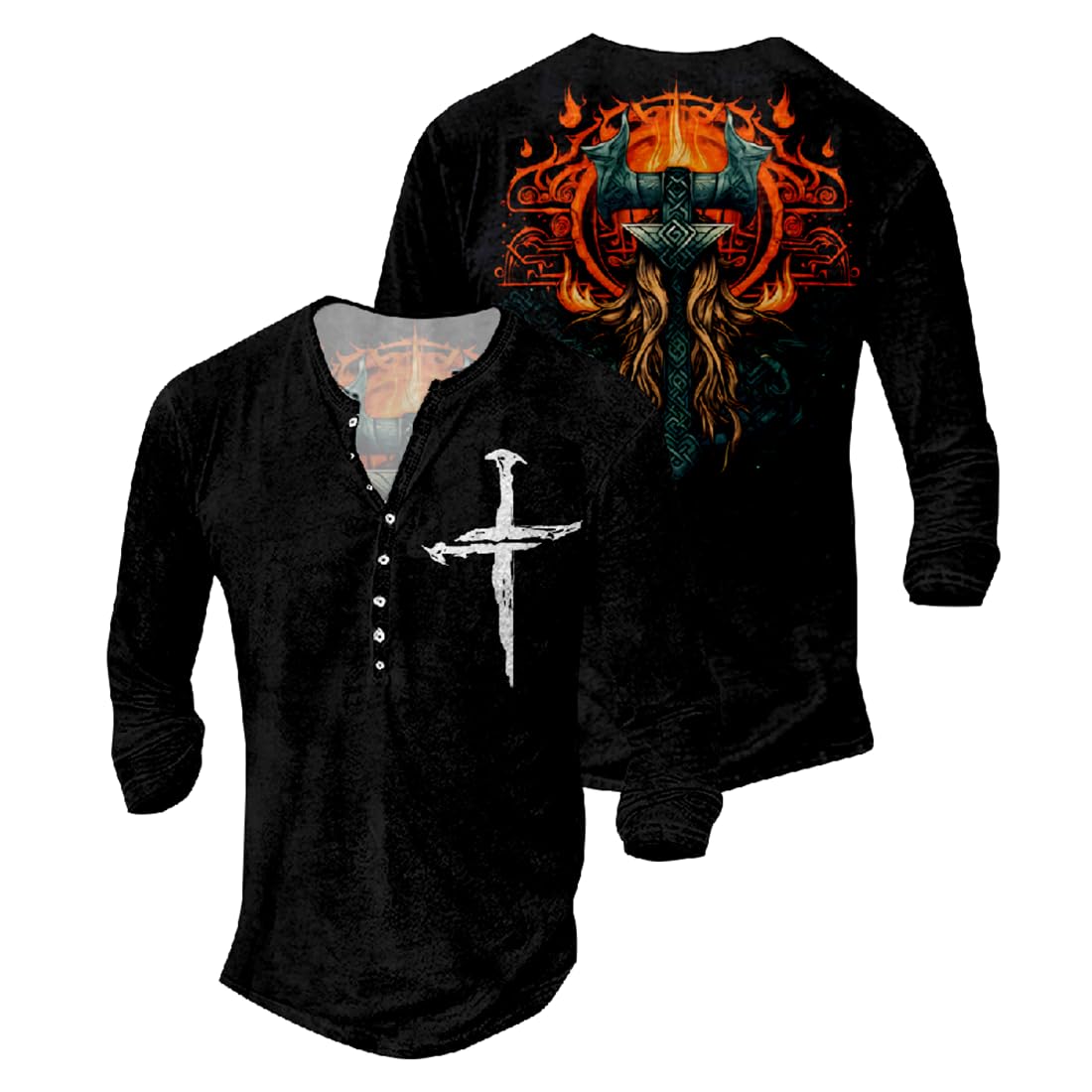 JiffPom Jesus Shirts for Men Distressed Henley Shirts Retro Cross Shirt Long Sleeve Shirt V Neck Button Down Washed T-Shirts