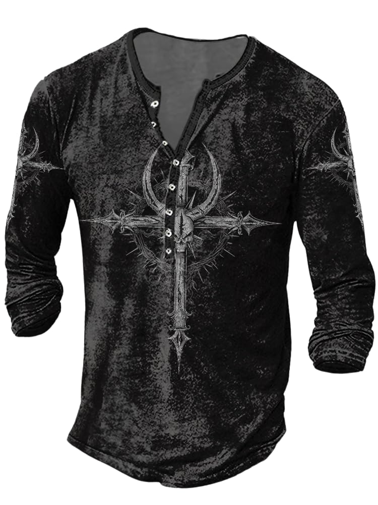 JiffPom Mens Henley Shirts Christian Shirt Jesus Cross Retro Long Sleeve Casual Button Down Washed T-Shirts Boy's Tops