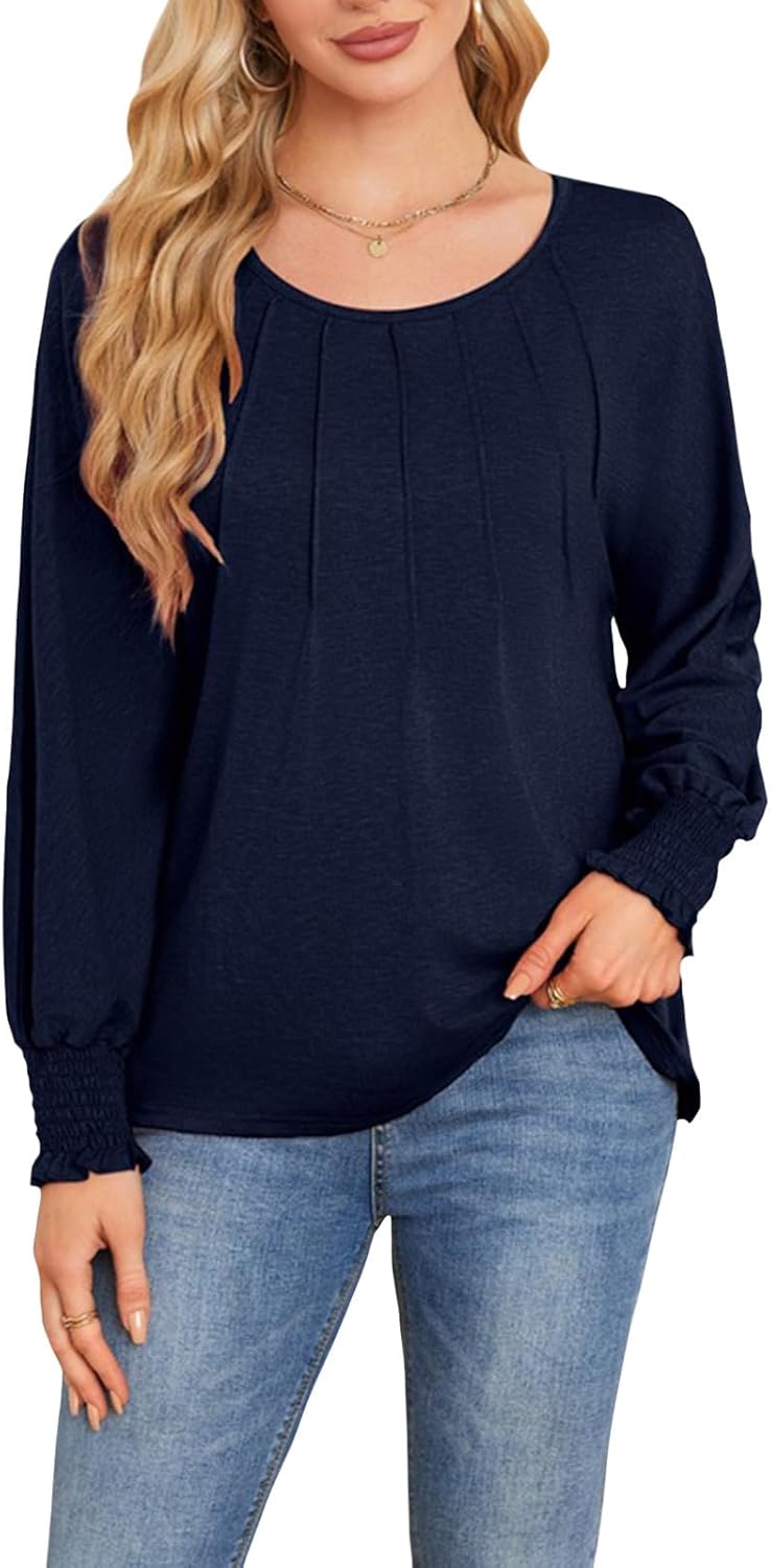 Befox Women's Pleated Tops, Crewneck Long Sleeve Blouse Tunic T-Shirt 2026 Spring Fall Trendy Casual Loose Pleated Shirts