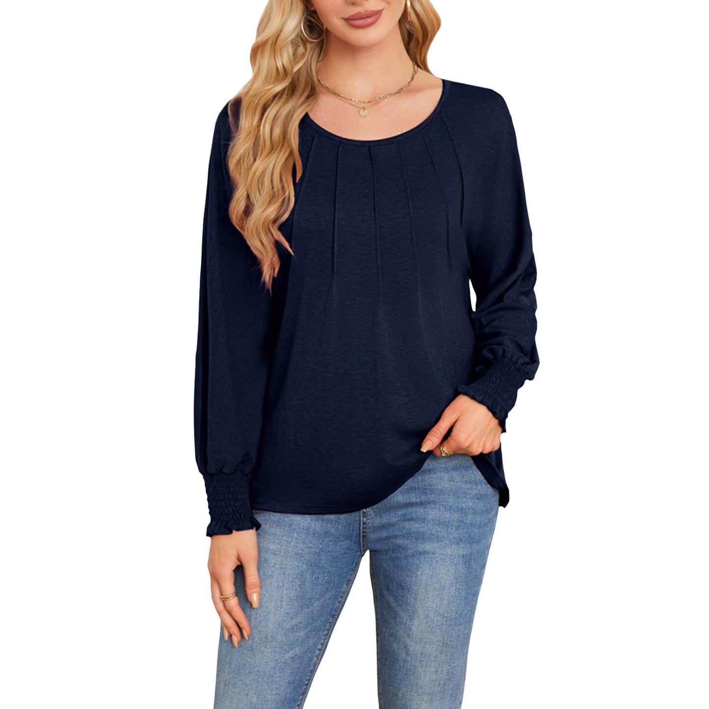 Befox Women's Pleated Tops, Crewneck Long Sleeve Blouse Tunic T-Shirt 2026 Spring Fall Trendy Casual Loose Pleated Shirts