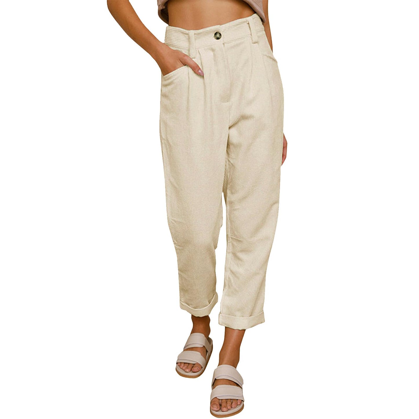 Reigee Womens Premium Corduroy Pants High Waist Wide Leg Trousers with Pockets Button Closure Elastic Waistband Casual Straight