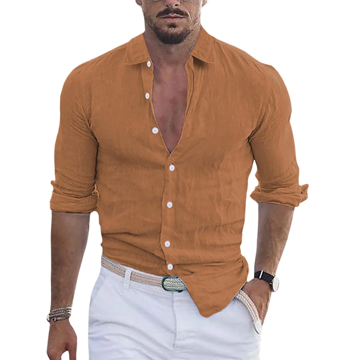 GYMTSL Mens Button Down Shirt Casual Summer Long Sleeve Business Dressy Blouse Solid Collar High Elastic Tops
