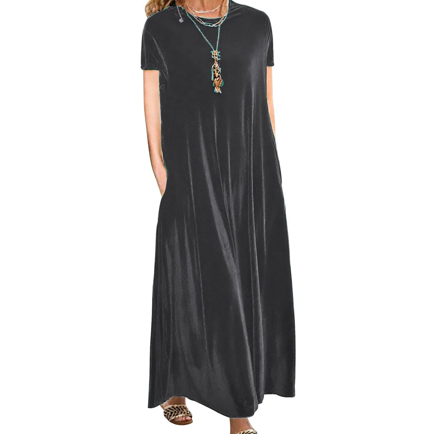 Embryform Velvet Dress for Women Spring Maxi Dress 2026 Plus Size Short Sleeve Velvet Casual Loose Elegant Crew Neck with Pocket