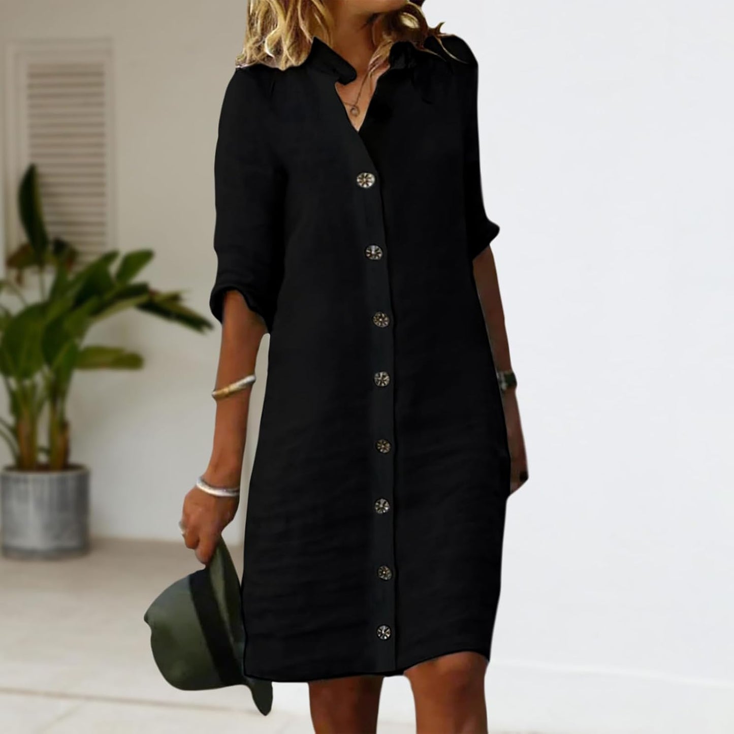 GYMTSL Linen Button Down Midi Shirt Dress for Women, Elbow Sleeve Knee Length Loose Casual Spring Summer Linen Button Dress