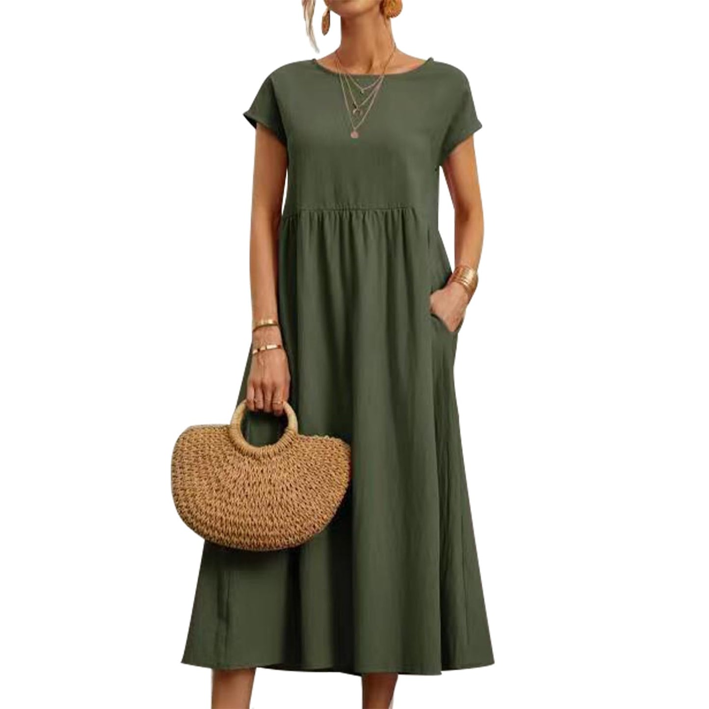 FONDBERYL Cotton Linen Dress for Women Short Sleeve Casual Crew Neck Loose Maxi Summer 2026 Beach Vacation Dress with Pockets