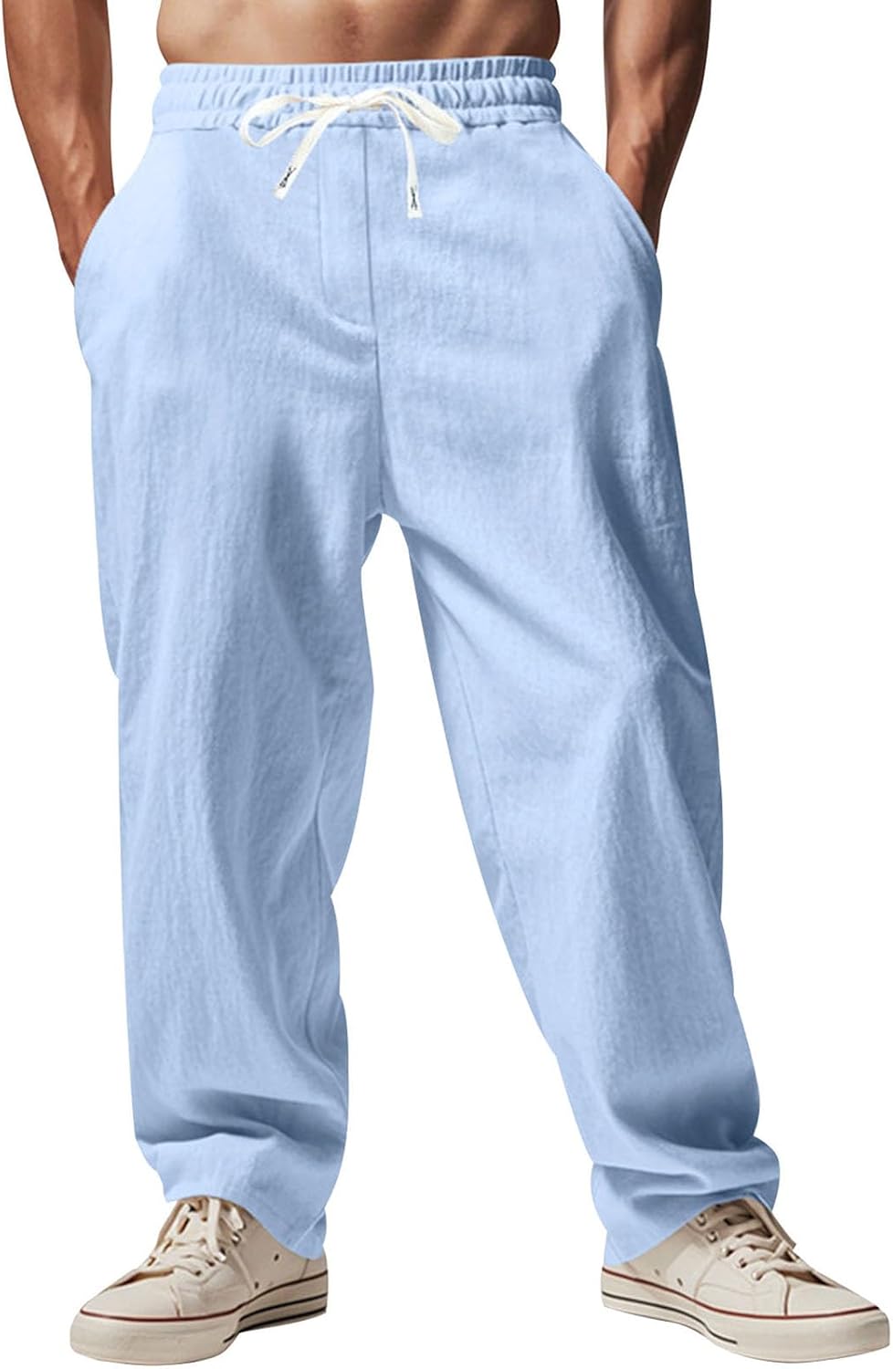 Alivebody Mens Linen Pants Straight-Legs Elastic Waist Casual Summer Beach Pants Drawstring Lightweight Trousers with Pockets