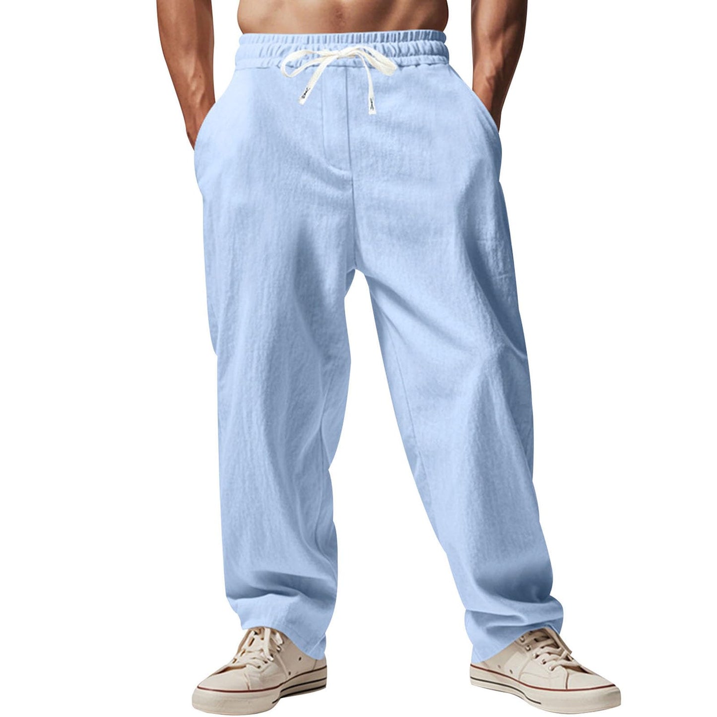 Alivebody Mens Linen Pants Straight-Legs Elastic Waist Casual Summer Beach Pants Drawstring Lightweight Trousers with Pockets