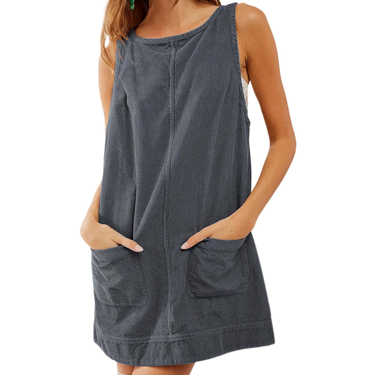 GYMDOG Casual Dresses for Women Corduroy Crewneck Tunic Sleeveless Pleated Loose Fit Work Mini Dress with Pockets