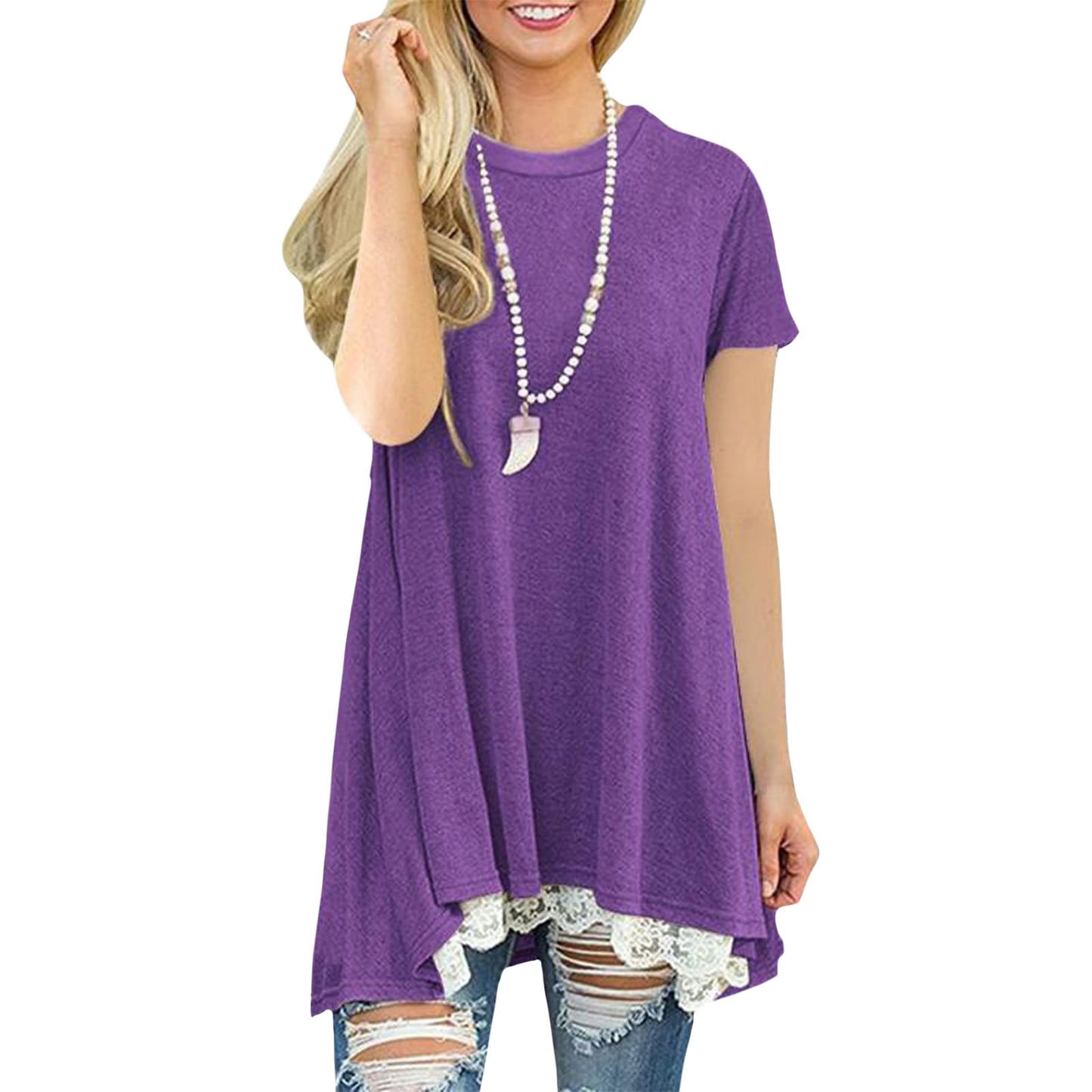 gukoo Lace Trim Short Sleeve Shirt for Women, Swing Tunic Blouse Crew Neck Flowy Flared Tops Trendy 2026 Casual T Shirt