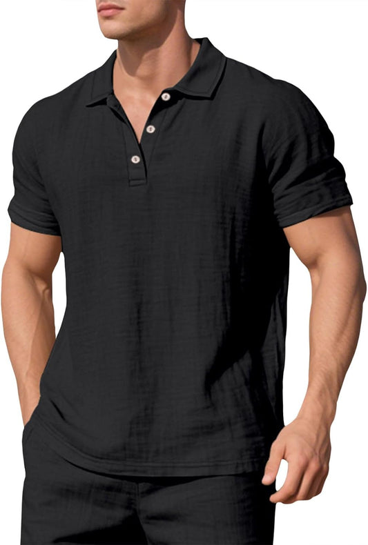 Embryform Mens Shirts Breathable Casual Linen Short Sleeve Lapel V Neck Button Down Basic Polo Shirts Lightweight Summer Tops