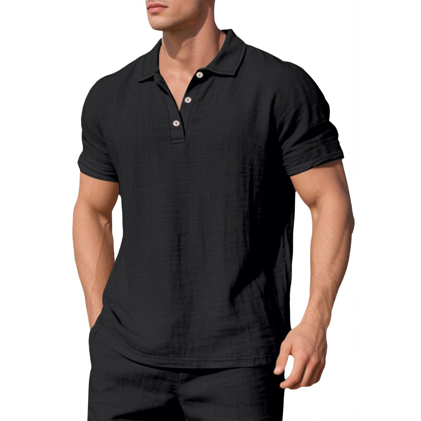 Embryform Mens Shirts Breathable Casual Linen Short Sleeve Lapel V Neck Button Down Basic Polo Shirts Lightweight Summer Tops
