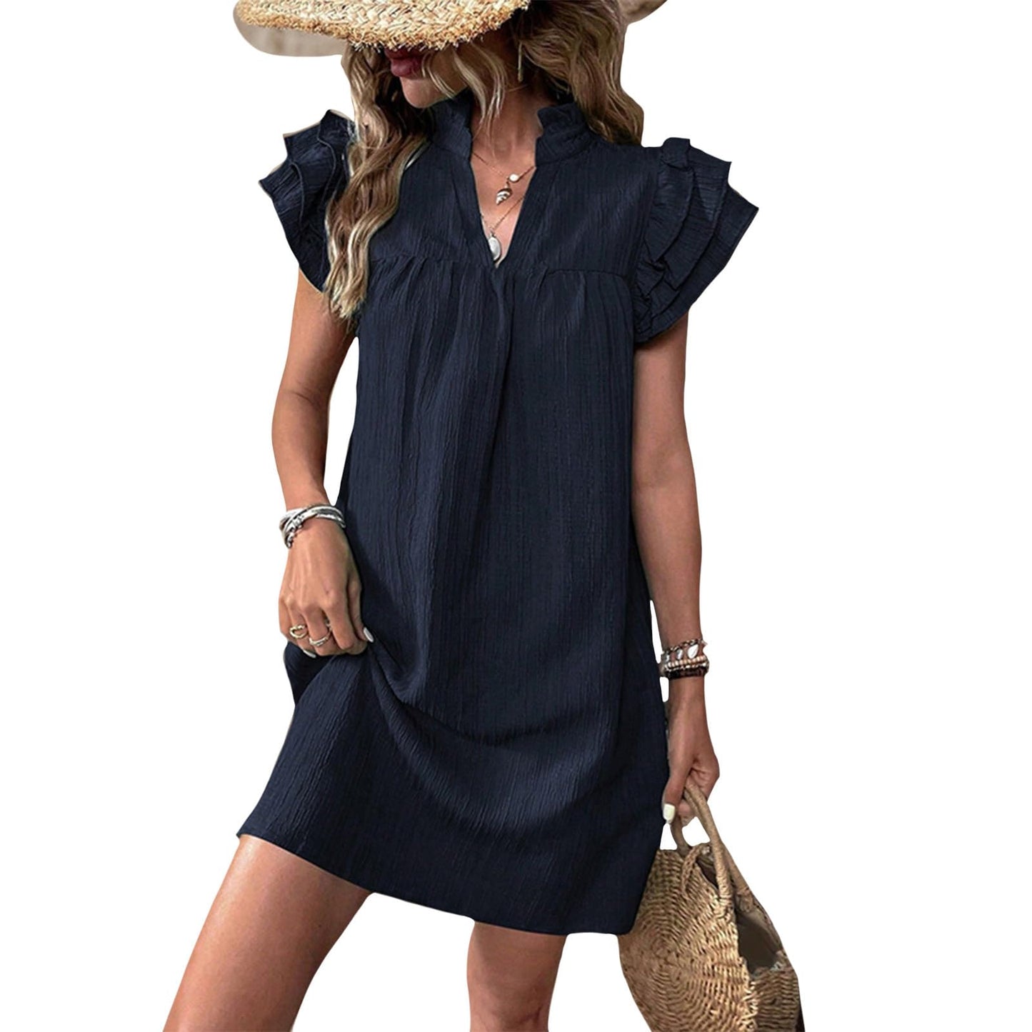 Gymrex Ruffle Sleeve Dress for Women V Neck Summer Casual Ruffle Short Sleeve A Line Mini Women Straight Dresses