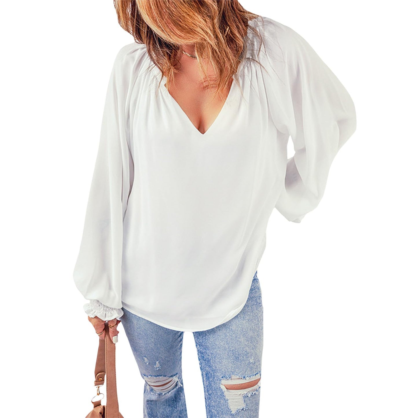 Gymrex Pleated Tops for Women - Lantern Sleeve Top V Neck Pleated Blouse Spring 2026 Trendy Long Sleeve Plus Size Shirt