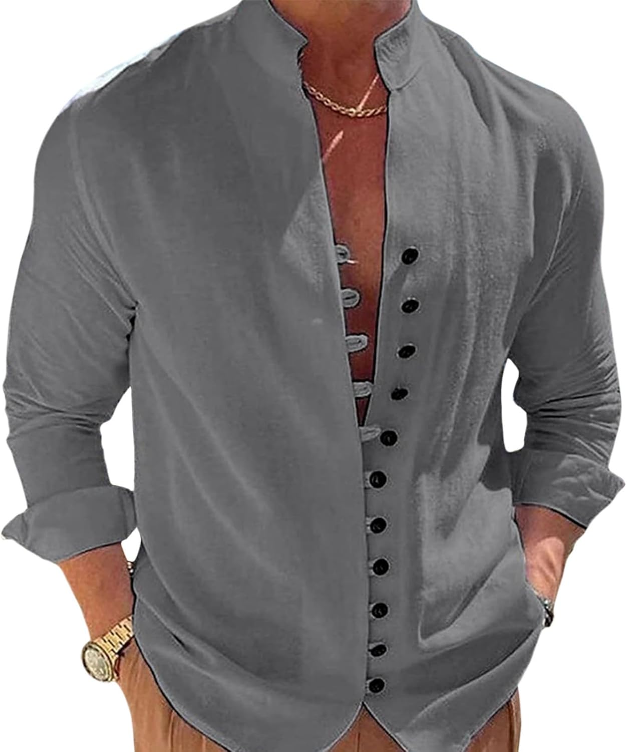 Befox Mens Dressy Casual Button Down Shirts Solid Color Cotton Blend Long Sleeve Summer Vacation Shirt Tops