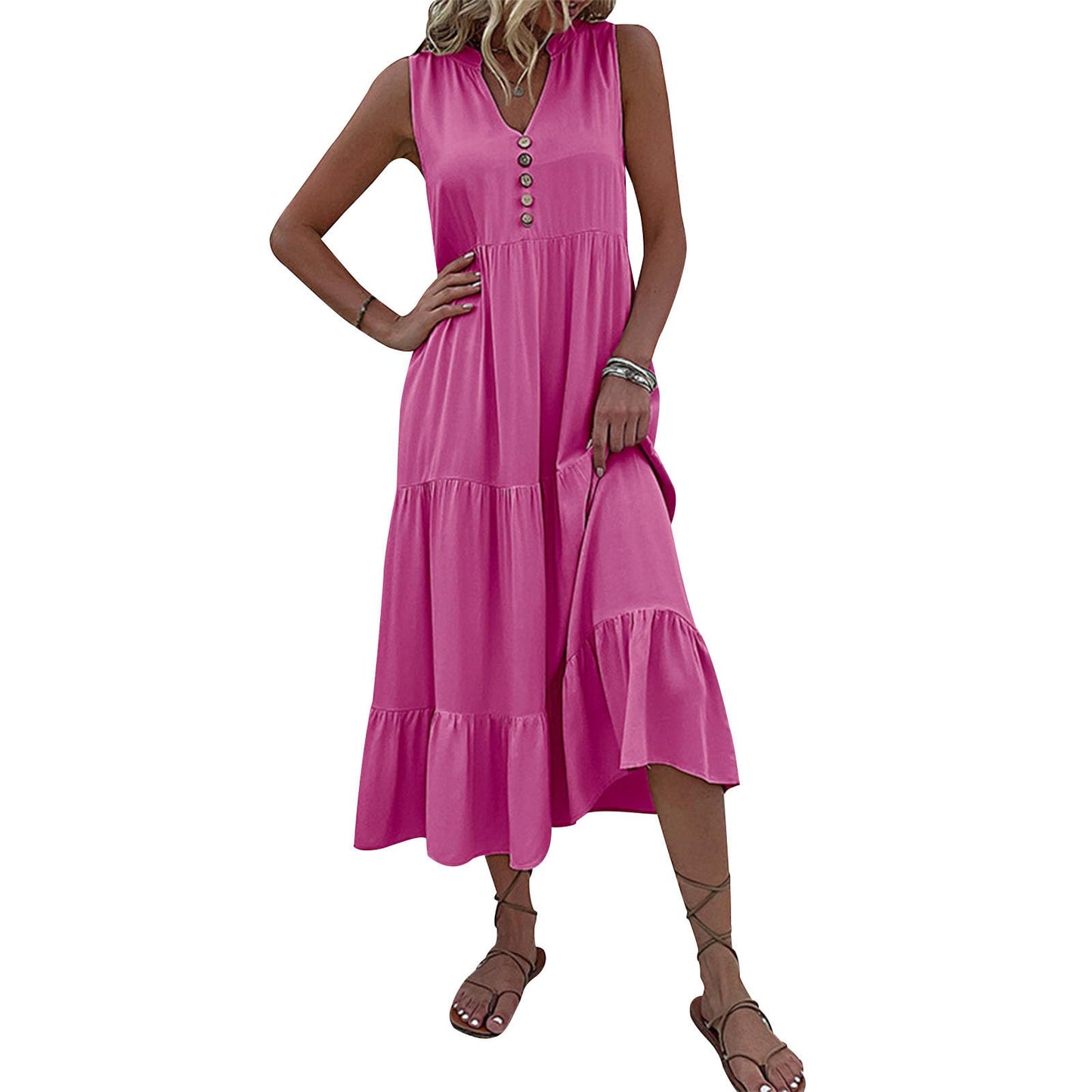 FONDBERYL Sleeveless Midi Dress for Women, V Neck Tank Dress with Tiered Ruffle Hem Flowy A Line Casual Spring Summer Dresses