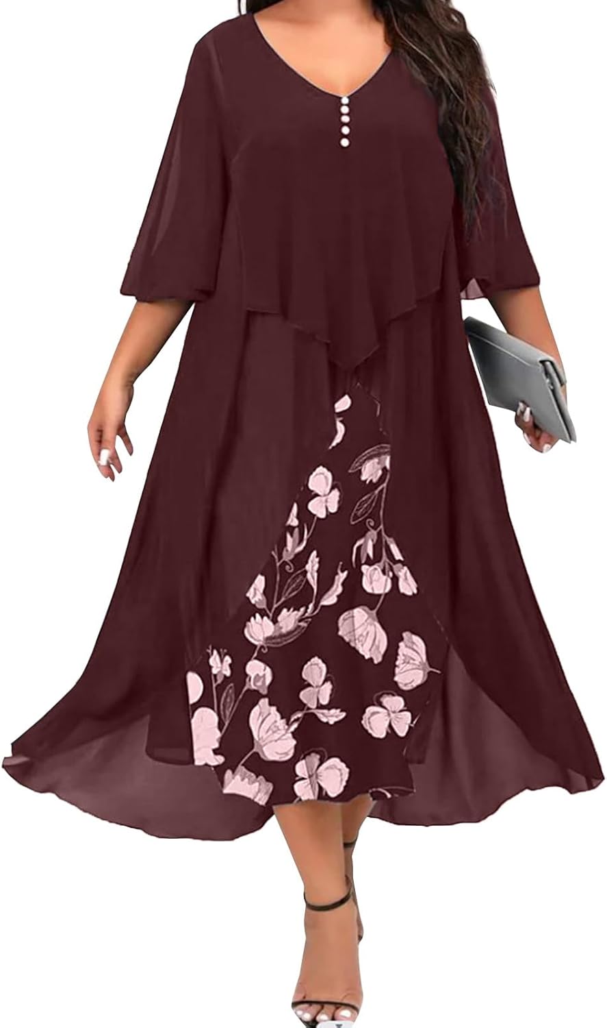 FONDBERYL Flowy Chiffon Floral Maxi Dress for Women V Neck Half Sleeve Ruffle Plus Size Elegant Cocktail Wedding Guest Dresses
