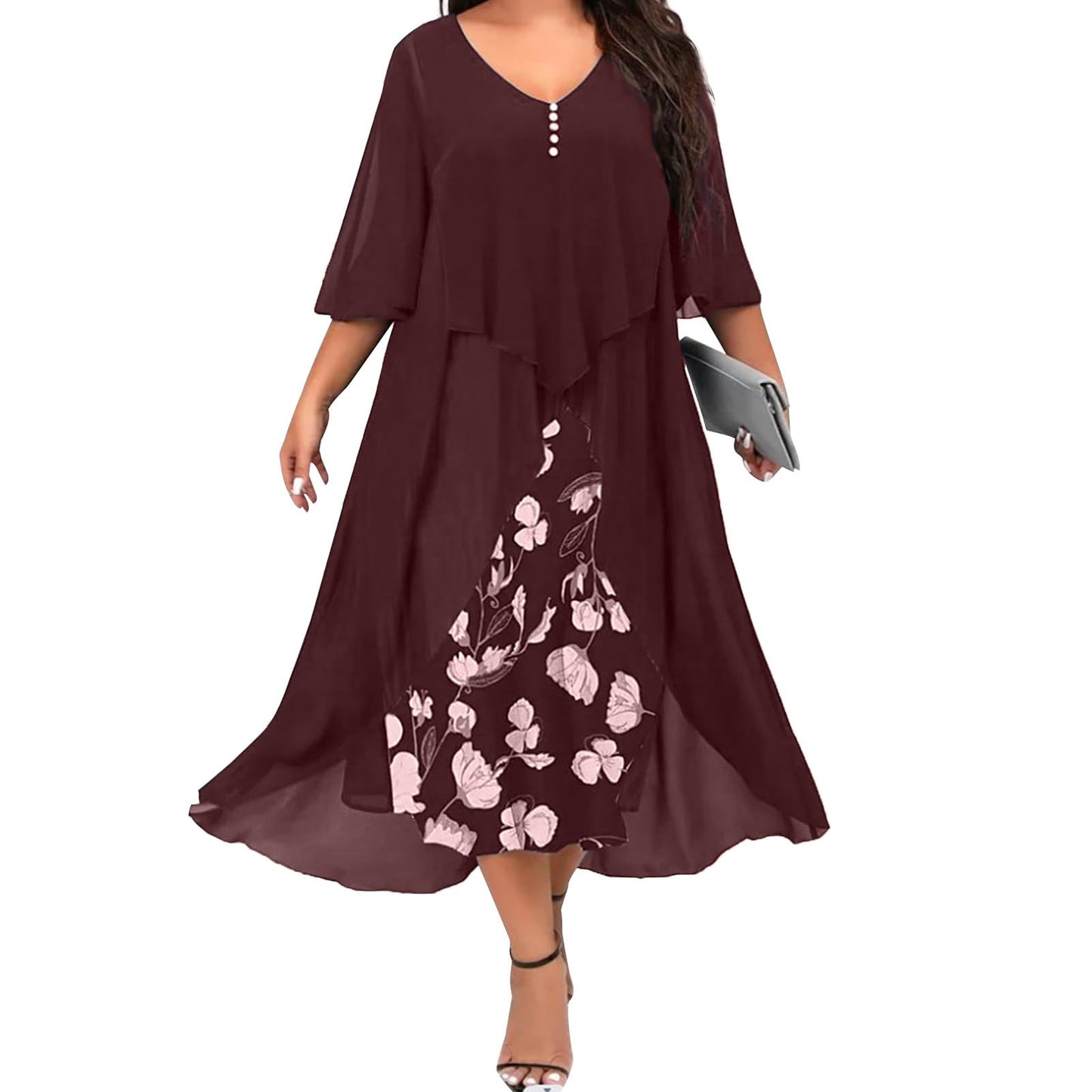 FONDBERYL Flowy Chiffon Floral Maxi Dress for Women V Neck Half Sleeve Ruffle Plus Size Elegant Cocktail Wedding Guest Dresses