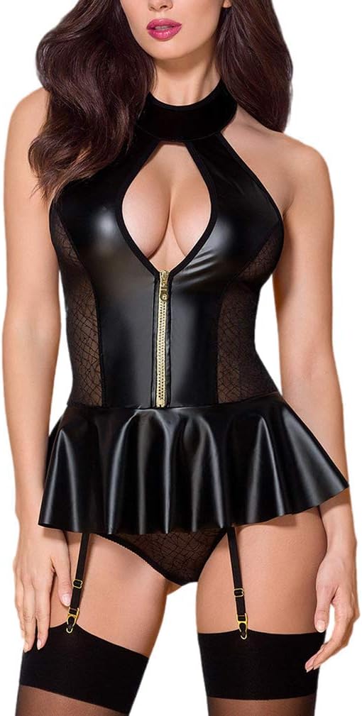 TOFOX Sexy Clubwear Dresses for Women Faux Leather Mesh Lace Back Party Night Dress