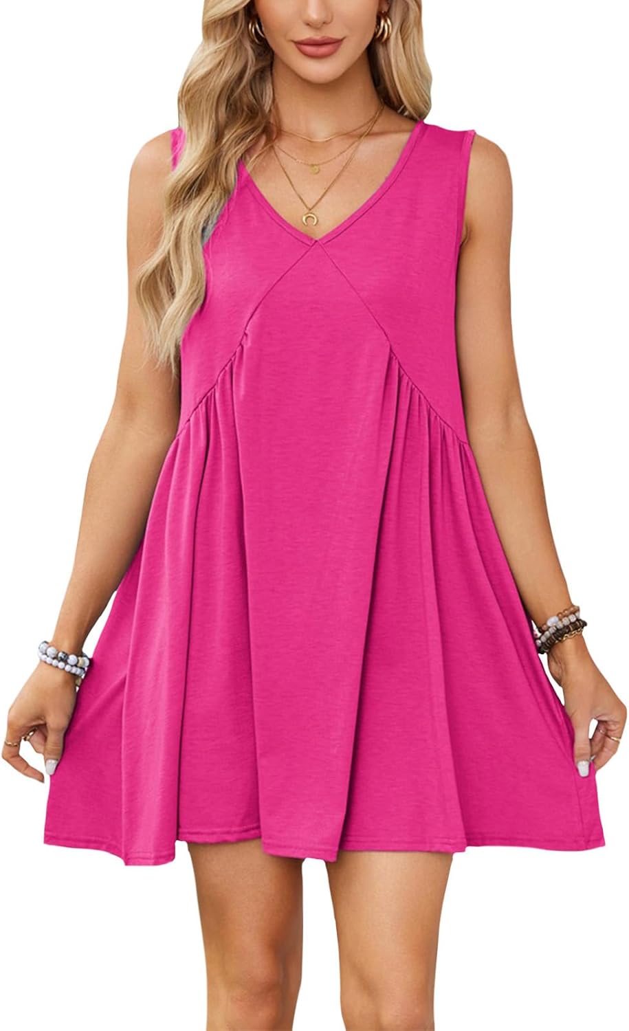 NAILONG Babydoll Mini Dress for Women, Pleated Flowy V Neck Tank Sleeveless Summer Swing Casual Beach Vacation Sun Dress