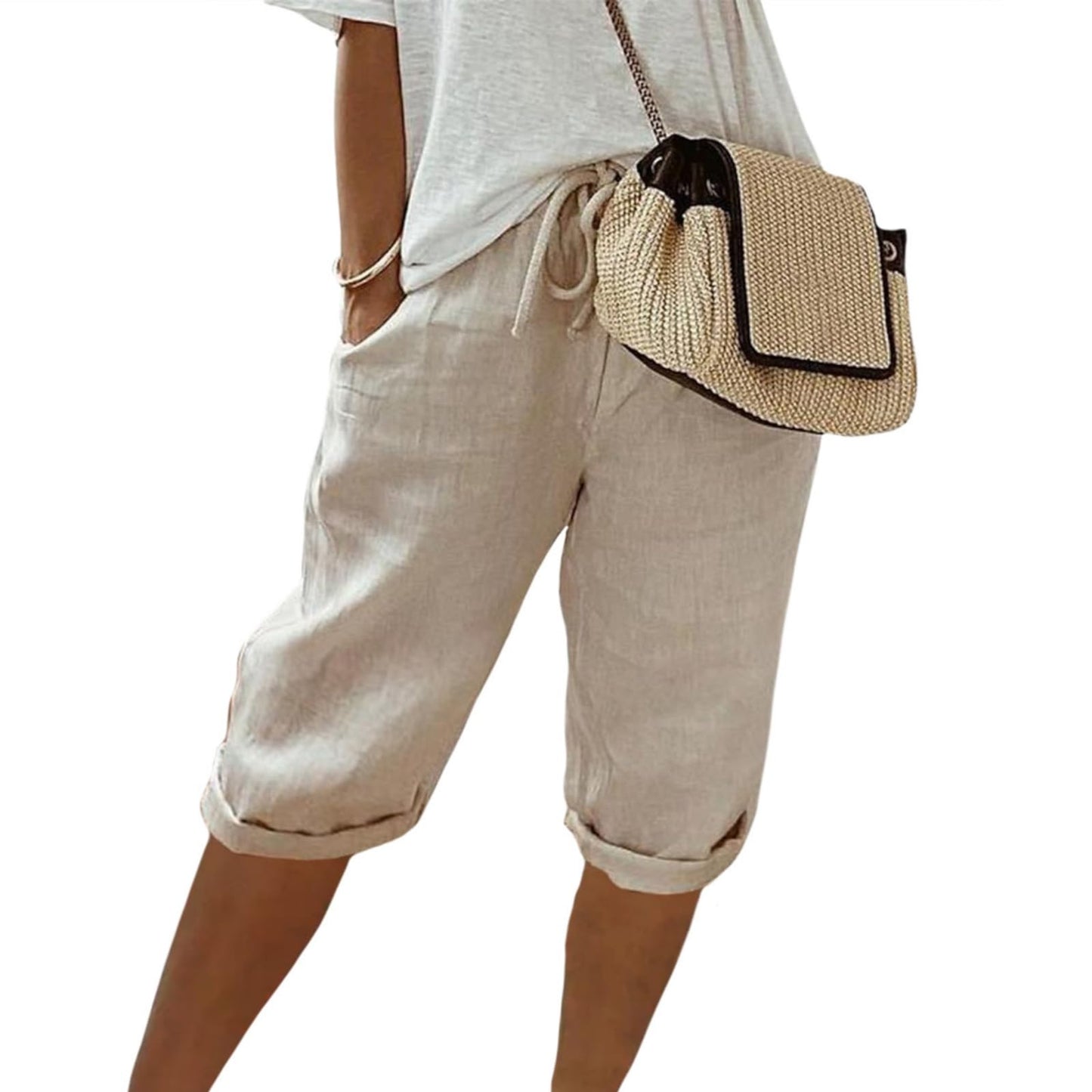 FONDBERYL Womens Cotton Linen Shorts Knee Length Drawstring Elastic Waist Summer Casual Gym Going Out Shorts with Pockets