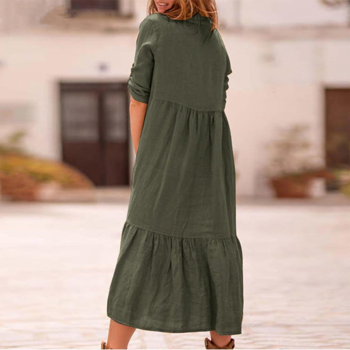 Alivebody Womens Button Down Shirt Dress, Cotton Linen Long Ruffle Hem Loose Half Sleeve Casual Summer Maxi Dress with Collar