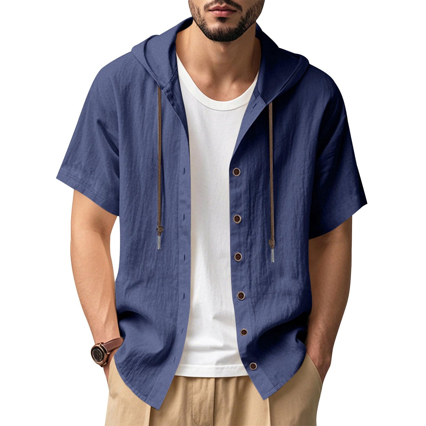 JiffPom Mens Shirts Solid Color Linen Short Sleeve Casual Loose Fit Button Down Shirts with Hoodies Summer Beach Tops
