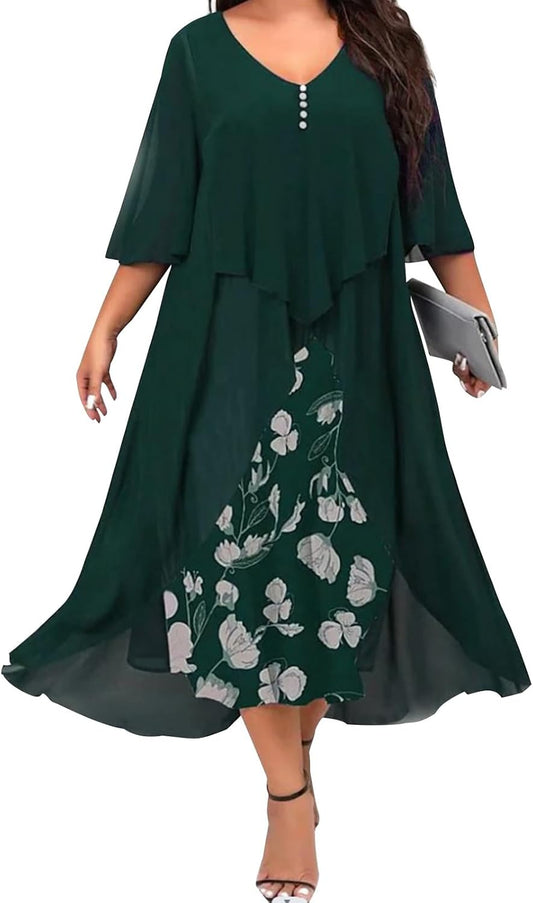 FONDBERYL Flowy Chiffon Floral Maxi Dress for Women V Neck Half Sleeve Ruffle Plus Size Elegant Cocktail Wedding Guest Dresses