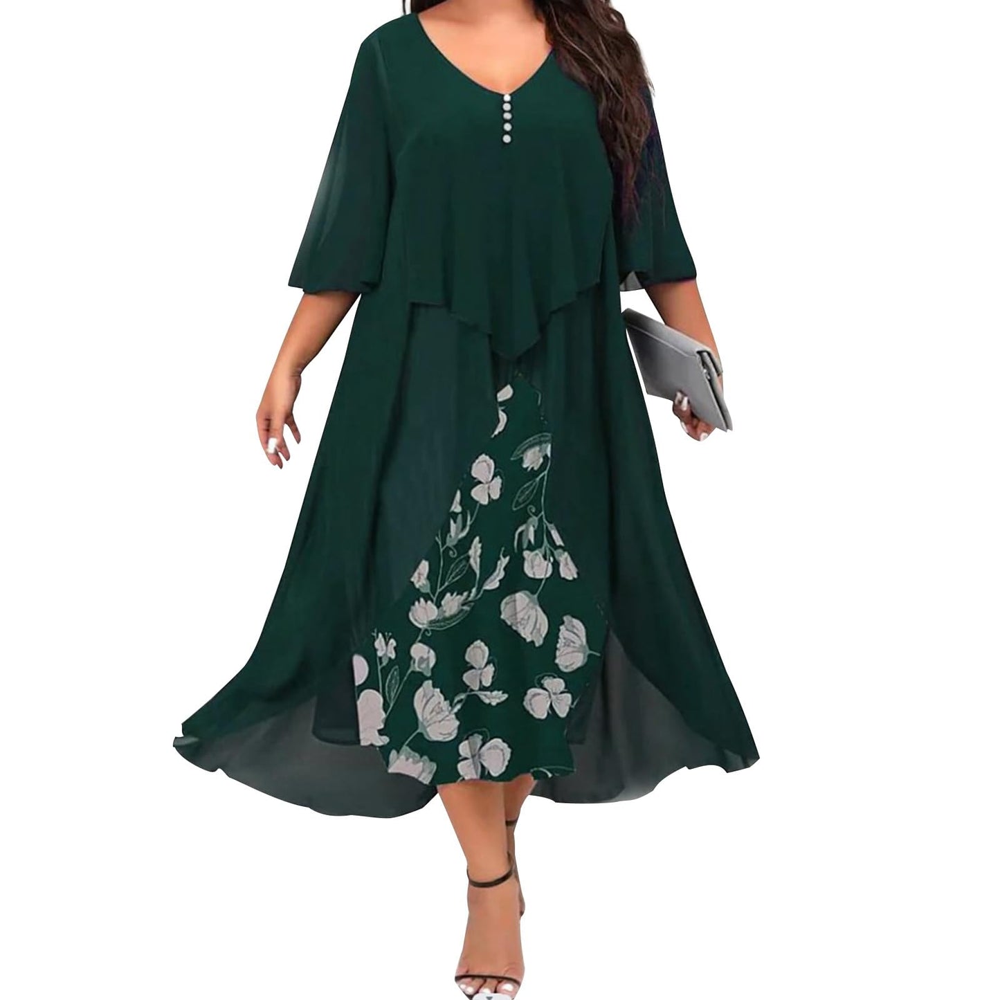 FONDBERYL Flowy Chiffon Floral Maxi Dress for Women V Neck Half Sleeve Ruffle Plus Size Elegant Cocktail Wedding Guest Dresses