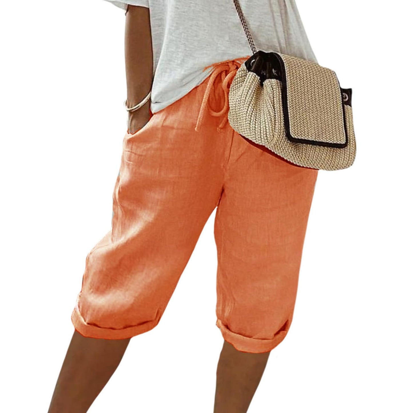 FONDBERYL Womens Cotton Linen Shorts Knee Length Drawstring Elastic Waist Summer Casual Gym Going Out Shorts with Pockets