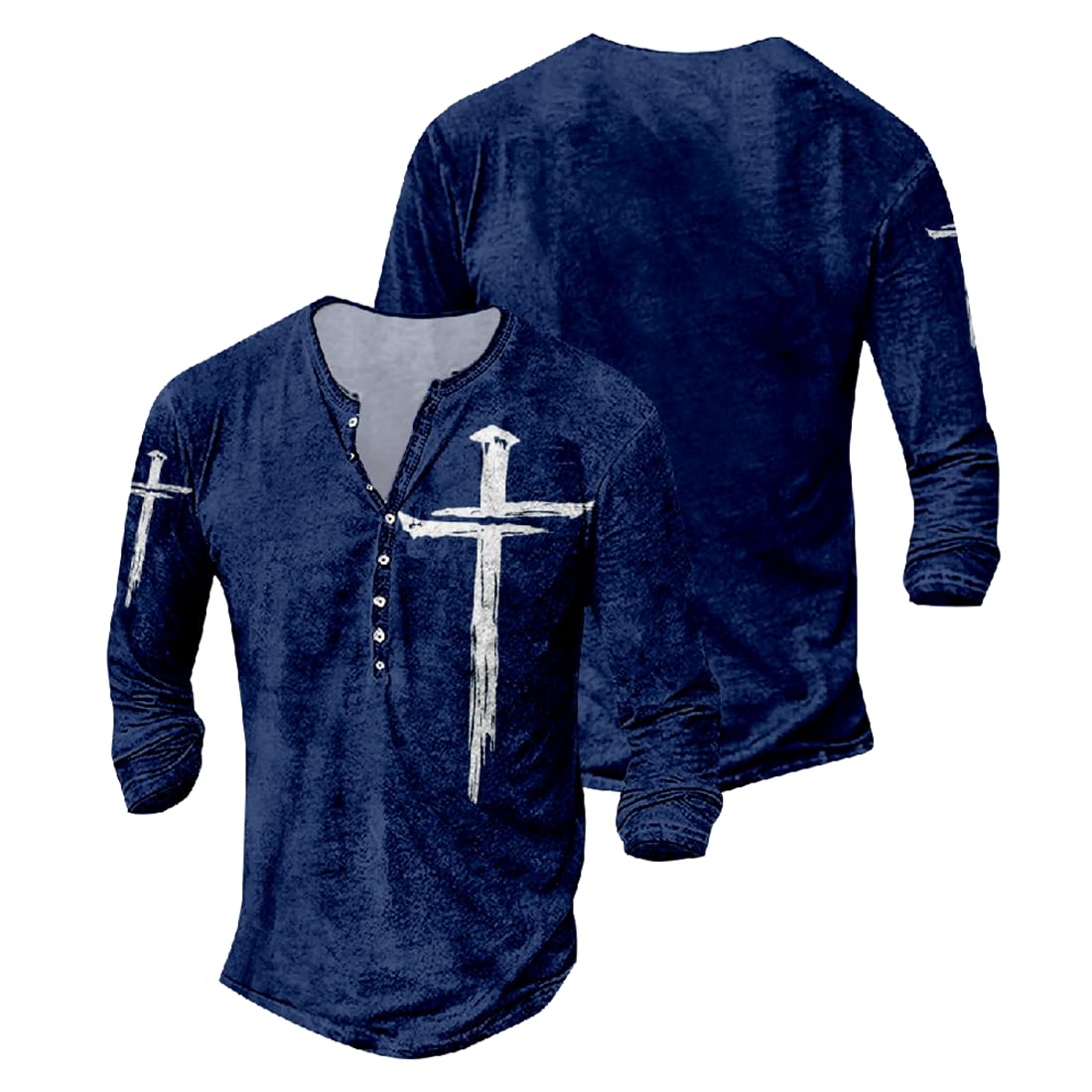 JiffPom Jesus Shirts for Men Distressed Henley Shirts Retro Cross Shirt Long Sleeve Shirt V Neck Button Down Washed T-Shirts