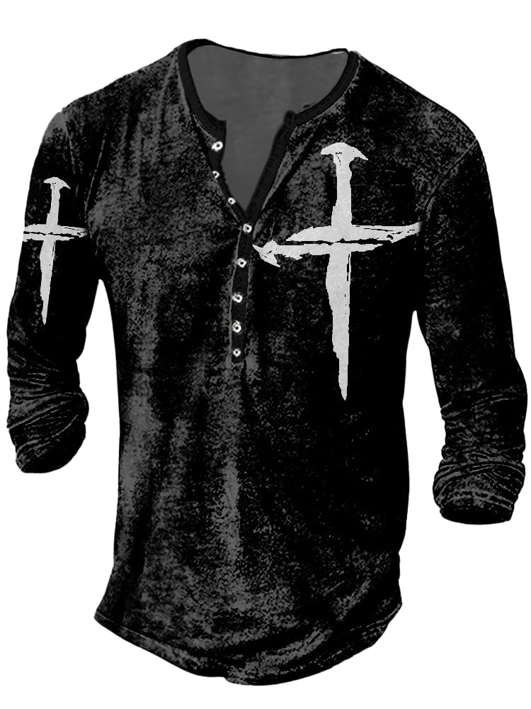 JiffPom Mens Henley Shirts Christian Shirt Jesus Cross Retro Long Sleeve Casual Button Down Washed T-Shirts Boy's Tops