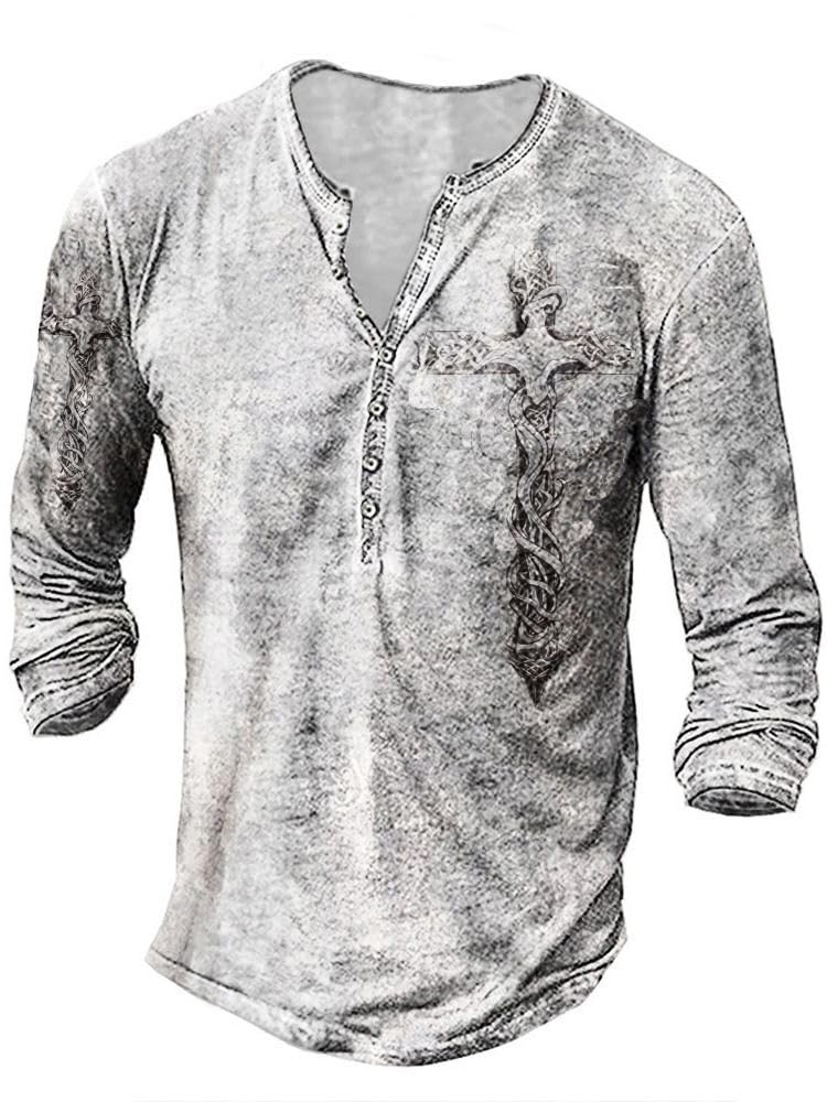 JiffPom Mens Henley Shirts Christian Shirt Jesus Cross Retro Long Sleeve Casual Button Down Washed T-Shirts Boy's Tops