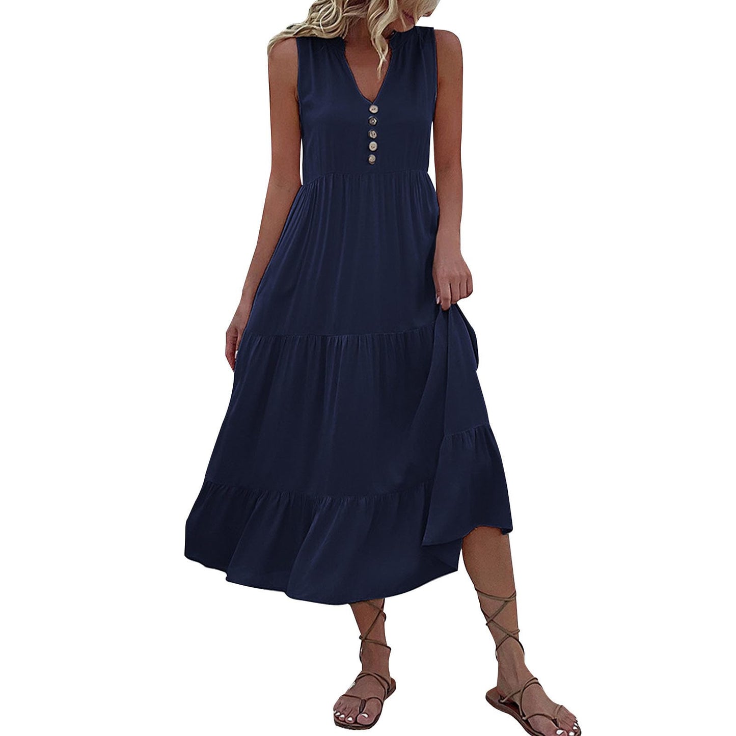 FONDBERYL Sleeveless Midi Dress for Women, V Neck Tank Dress with Tiered Ruffle Hem Flowy A Line Casual Spring Summer Dresses