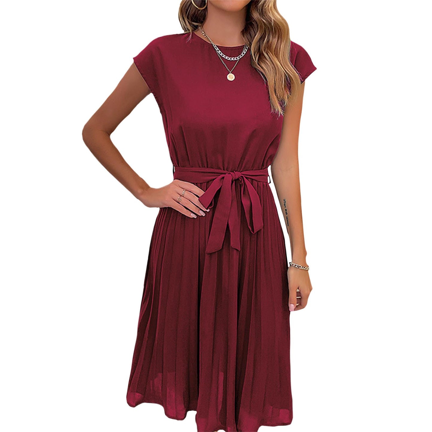 Bejirog Pleated Midi Dress for Women, Belted Tie Waist A-Line Short Sleeve Crew Neck Elegant Summer Wedding Guest Dress