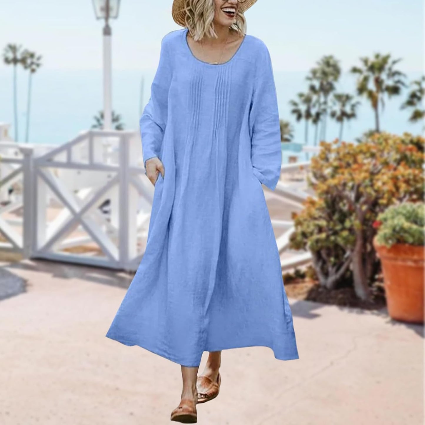 Bejirog Plus Size Linen Dresses for Women Long Sleeve Loose Crew Neck Oversized Casual Spring Fall Maxi Dress with Pockets