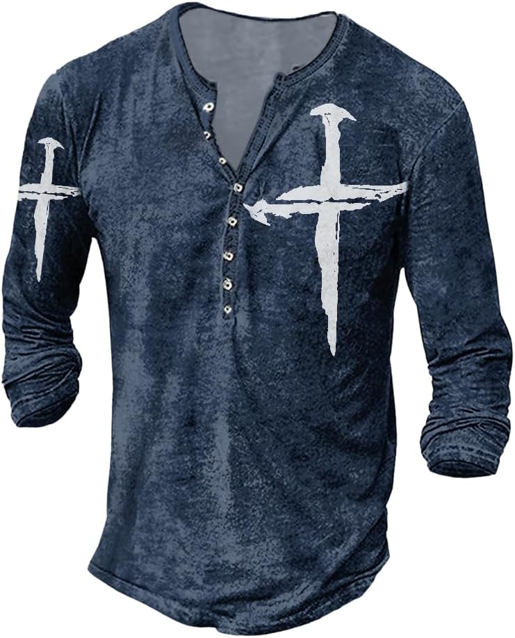 JiffPom Mens Henley Shirts Christian Shirt Jesus Cross Retro Long Sleeve Casual Button Down Washed T-Shirts Boy's Tops