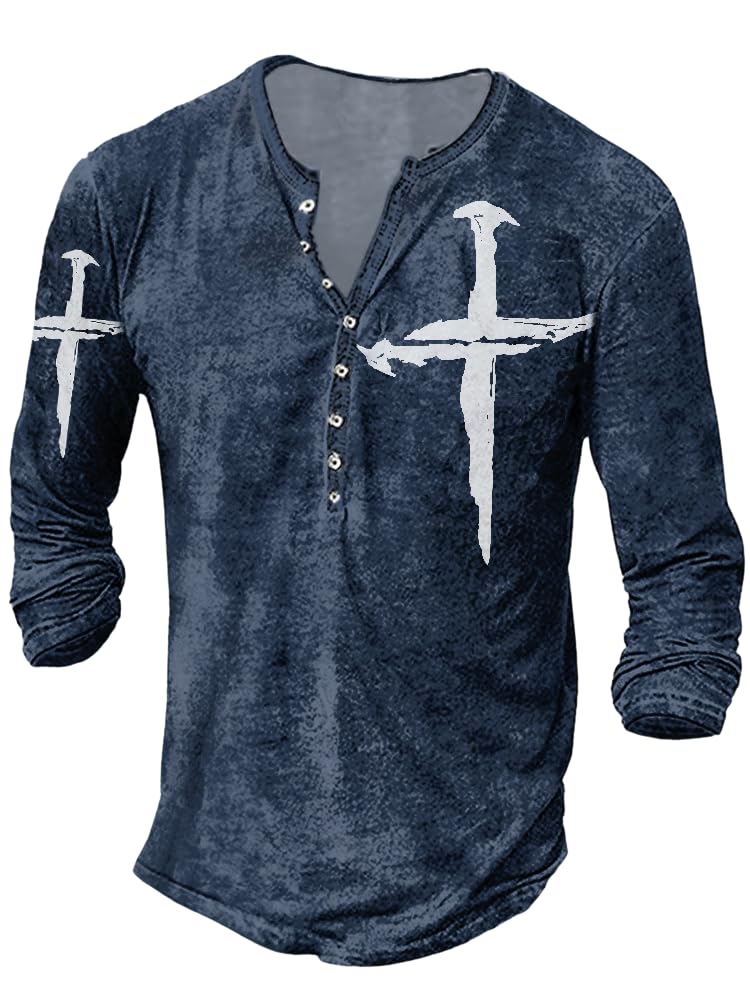 JiffPom Mens Henley Shirts Christian Shirt Jesus Cross Retro Long Sleeve Casual Button Down Washed T-Shirts Boy's Tops